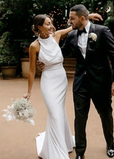 Natividad | Elegant Modest Halter Neck Satin Mermaid Wedding Dress for Outdoor Weddings - White - PromDressClub